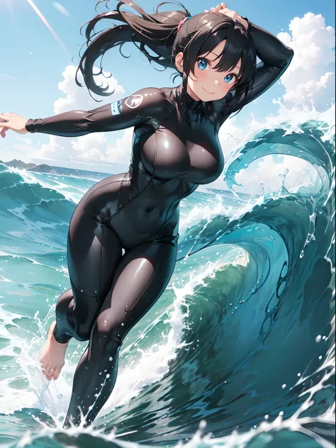 film photography, 1girl , sexy , seductive,  (((whole body ))) , dynamic pose, Character: Seductive Surfer
Sport: Surfing Sensation
Description: Shes riding a massive wave, dressed in a sleek wetsuit that accentuates her every curve. Her hair is a striking...