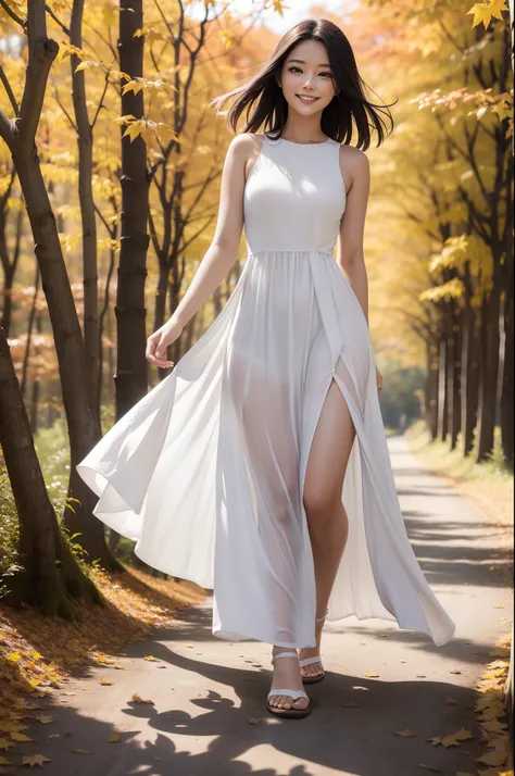 Exquisite beautiful girl in the forest of autumn leaves　A dark-haired　long　Black eyes　Pure white long dress　Dresses fluttering in the wind　a smile　Walking along the path of autumn leaves　Maple fluttering in the wind　Sunlight　Face Highlights