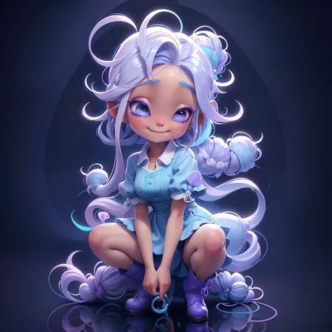 menina fada, estilo chibi,  renda delicada e florida, sorrindo e leve e definido, tons claros, asas brilhante neon, Slime cabelo longo bun estilo de cabelo, blue and lilac, mostrando corpo inteiro, pele clara, cabelo dreads dourados, roupas leves e detalha...