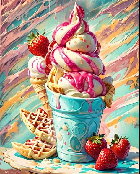 explore a single italian-style ice cream, a swirl of creamy vanilla and strawberry gelato, intertwined in a waffle cone, capturi...