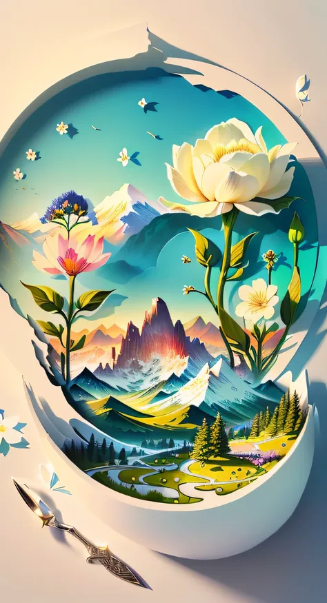 There are cutouts of landscapes with flowers and mountains, mythical floral hills, a beautiful artwork illustration, scenery art detailed, beautiful art uhd 4 k, Intricate 3D illustrations, 4K highly detailed digital art, beautiful digital works of art, Ve...