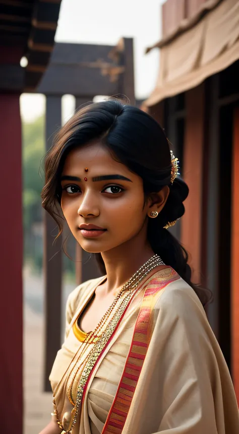 young Indian girl, 18-year-old,  gentle sun lighting on face , village mood , old cloths, silk cloth, cloth is transperent , lamp in hand, girl is in temple, back ground temple, village girl vibe, intricate facial details, full body picture, cinimatic pose...