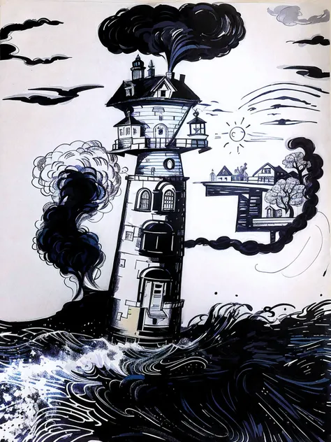 Drawing of a lighthouse with smoke coming out of it, inspirado em Charles Addams, inspirado em Charles E. Burchfield, inspirado em Frans Masereel, ink illustration, farol, inspirado em Lotte Reiniger, inky illustration, farol, inspired by Józef Szermentows...