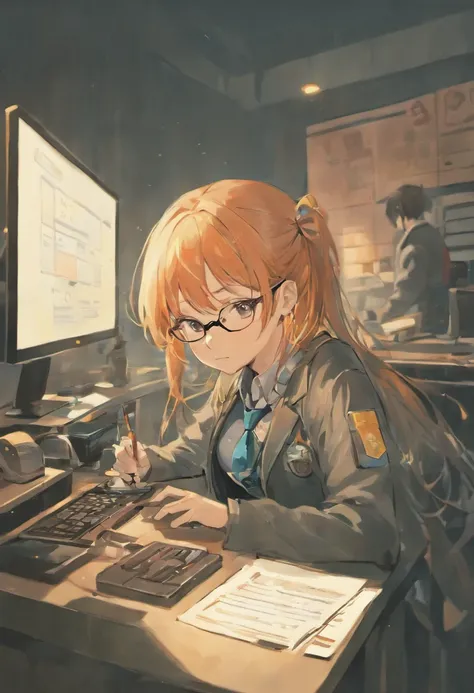 a pretty girl wear glasses non-uniform; a young man 
Use a computer to record ; in a police station; asian; japanese comics cover;