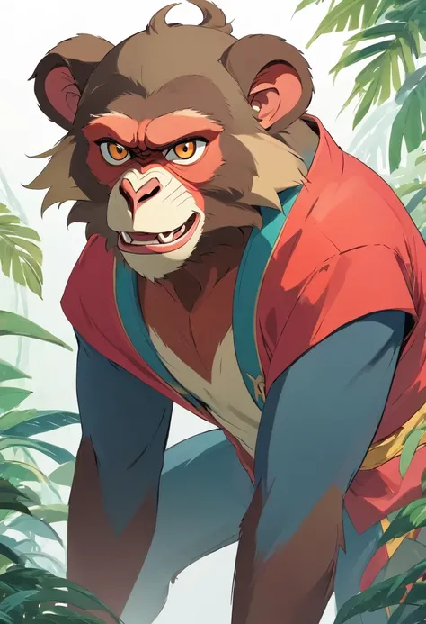 Wild monkey mandrill，Fierce face，，white backgrounid，solid color backdrop，(Chinese folk suspense supernatural comic style),High detail, Sharp focus, Dramatic