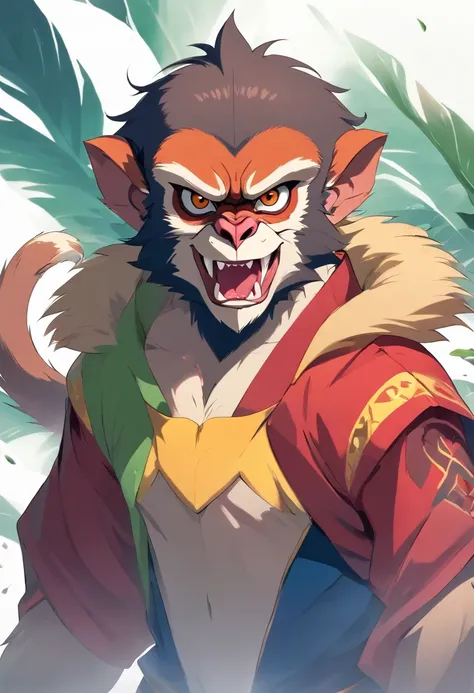 Wild monkey mandrill，Fierce face，，white backgrounid，solid color backdrop，(Chinese folk suspense supernatural comic style),High detail, Sharp focus, Dramatic