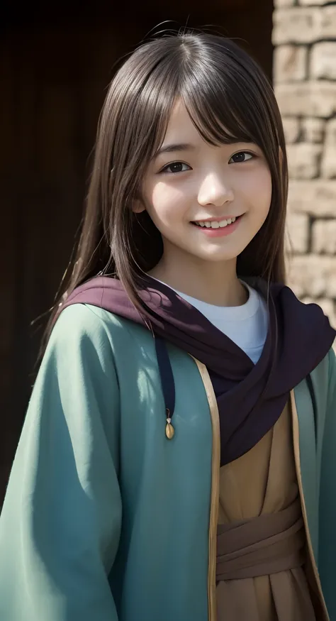 (top-quality、​masterpiece:1.2)、Best Quality、realisitic、photoshot、hight resolution、1080p、8K、Textured skin、Physical Rendering、1 Japan Girls、a junior high school student、kawaii、Young Face、Rolled hair、(Wizards Clothing:1.5)、in a castle、full of shyness、smil、Big