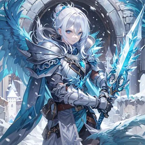 ice, armor, blue eyes, solo, shoulder armor, looking at viewer, holding, weapon, wings, crystal, pauldrons, white hair, holding weapon, breastplate, blue theme, castle, male focus, snow, gauntlets, bangs, 1boy, ponytail, hair between eyes, single hair bun,...