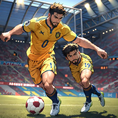 best quality, masterpiece, super high resolution, detailed background, realism, Illustrations, single, 1 boy, soccer field, muscles, volumetric lighting, depth of field, full body, facial hair, soccer player, yellow clothes