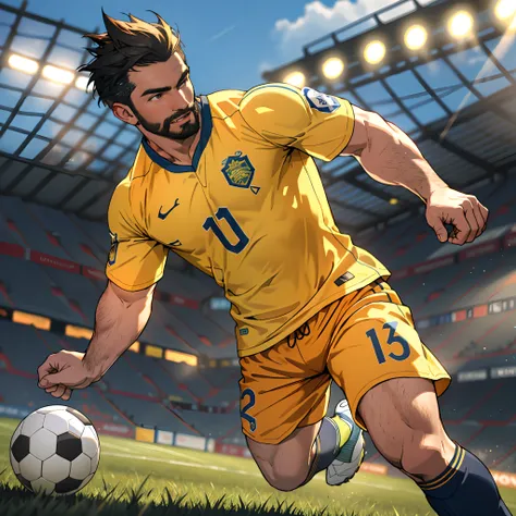 best quality, masterpiece, super high resolution, detailed background, realism, Illustrations, single, 1 boy, soccer field, muscles, volumetric lighting, depth of field, full body, facial hair, soccer player, yellow clothes