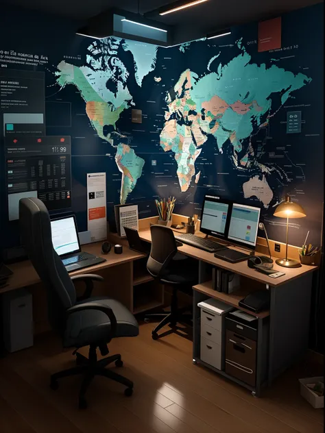 There is a desk with a chair and a computer in it, istock, Shutterstock, photo render, personal room background, Sede de Artstation", foto fija, Stunning Graphics, a computer representation, por Jason Felix, artistic render, Navigation Command Center, 3D P...