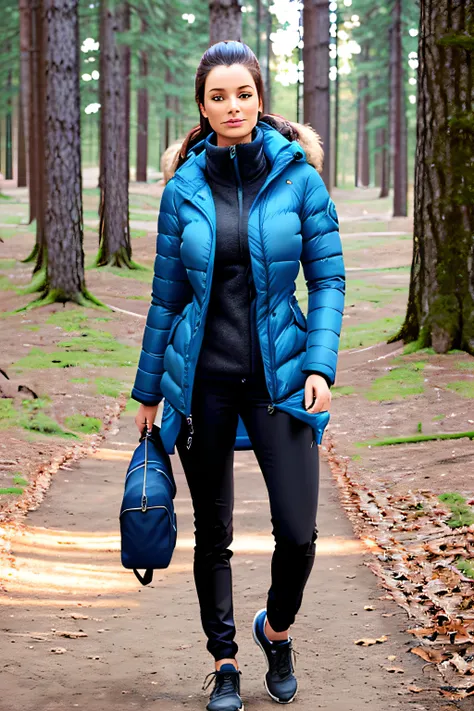 Make a woman with big breast, Blue long winterjacket , with open zipper, with face, body, Forrest, travel bag, black pants, camper, dog