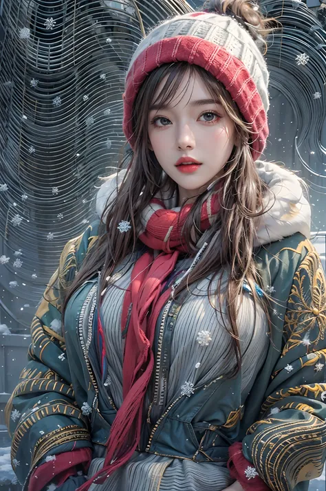 photorealistic, high resolution, 1 girl, solo, hips up, look at viewer, (detailed face), colourful winter clothes, snow