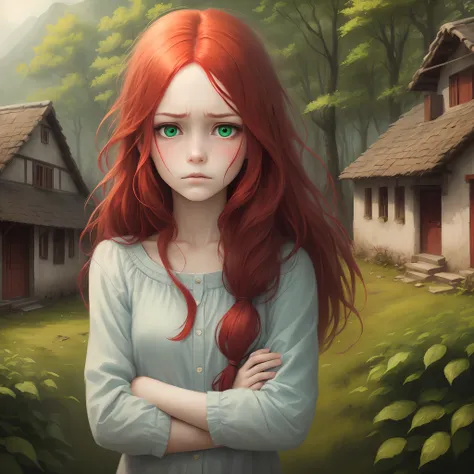 Girl with long red hair, intense red, green eyes with sad and lonely expression, background a village with forest