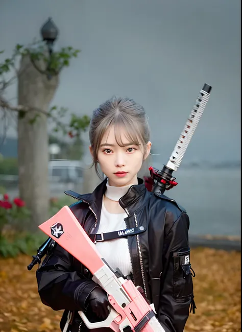 there is a woman holding a gun and a pink ak47, katana zero video game character, she is holding a katana sword, katana zero, katana, ornate korean polearm behind her, holding katana, unsheathing her katana, katanas strapped to her back, white croptop, sil...