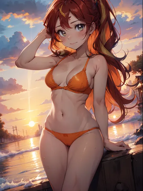 Sunsethuman, Sunset Shimmer, Sunset Shimmer from my little pony, Sunset Shimmer in the form of a girl, in orange lingerie, naked, orange bra, thong, pulls panties, big breasts, lush breasts, voluminous breasts, elastic breasts, on the bed, legs apart, wet ...