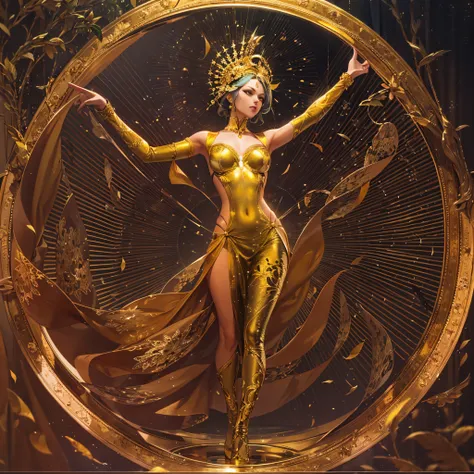 Beautuful Women，whole body gold leaf，Gold leaf from head to toe，The whole body is golden，psychedelic，Lucullan banquets，The sheen，reflective light，Align in a circle on stage，Dancing facing outward，dance，Dynamic Pose，No clothes，Masterpiece，high-detail，perfec...