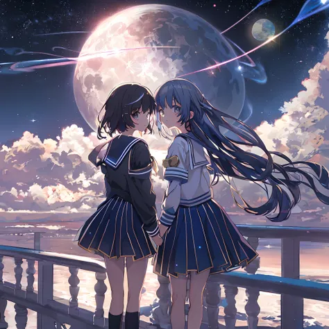 absurderes, hight resolution, (Anime style:1.1), ((masutepiece)), ((Best Quality)), (Ultra-detailed), (Beautiful), 独奏, Beautiful face、(liftup),12year old、cosmic space、beauttiful stars々、Sober cute girl in sailor suit standing on the moon、Looking at the Eart...