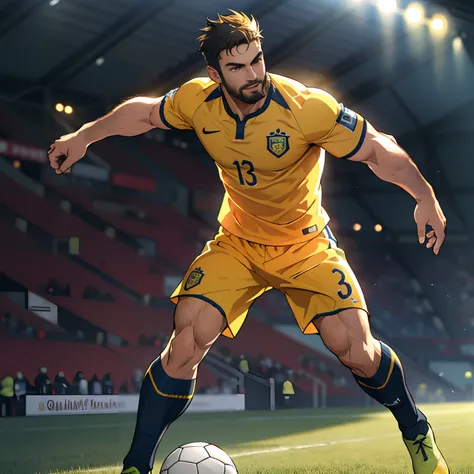 best quality, masterpiece, super high resolution, detailed background, realism, Illustrations, single, 1 boy, soccer field, muscles, volumetric lighting, depth of field, full body, facial hair, soccer player, yellow clothes