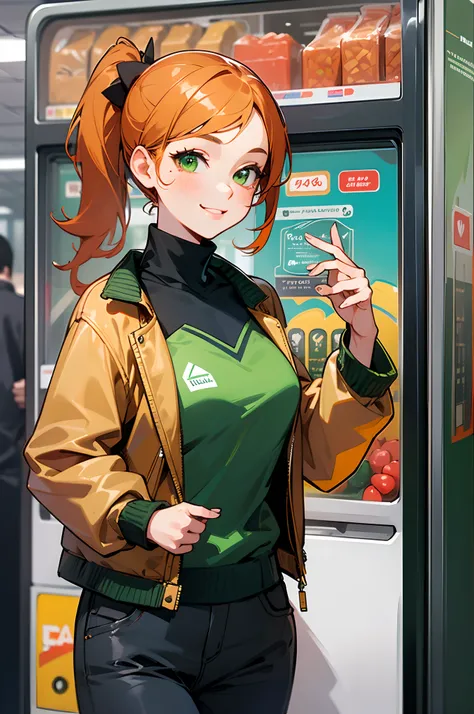 (best quality,ultra-detailed,realistic),girl,20 years old,orange hair,glistening green eyes,side ponytail,radiant smile,black turtle neck t-shirt,green jacket,standing in front of a vending machine