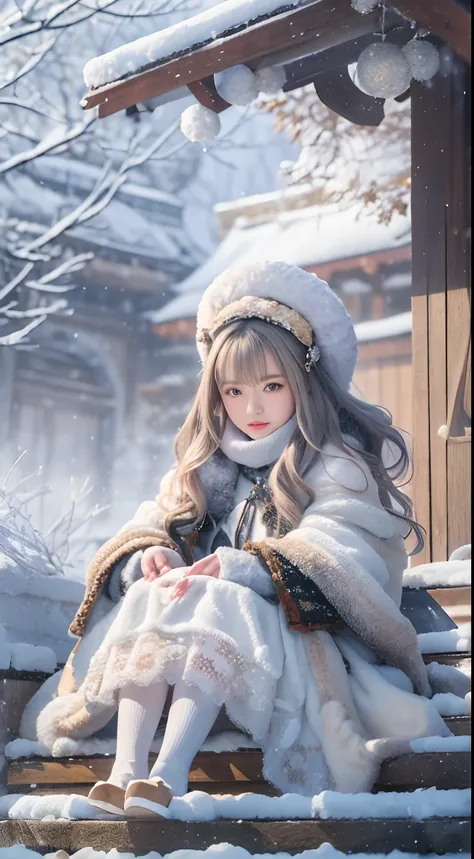 ((Works of masters))，(超高分辨率)，1 girl, Sitting, Lolita costume，Cloak (Snow, Outdoor activities in winter:1.2),Outside the castle，8K，Detailed details，mirth，