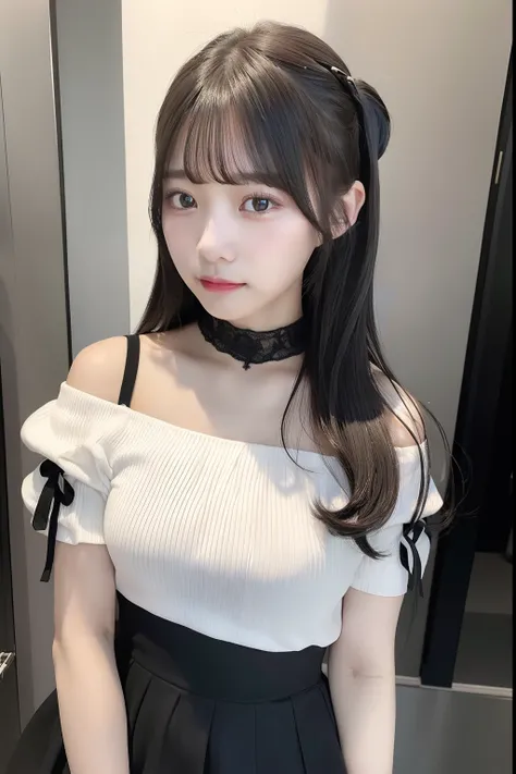 top-quality、超A high resolution、(Photorealsitic:1.4)、女の子1人、Off-shoulder white shirt、Black tight skirt、Black choker、(faded ash gray hair:1)、