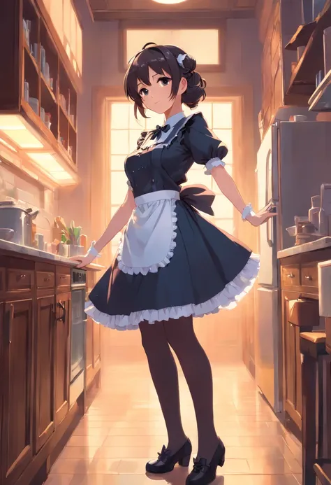 (best quality, ultra-detailed), french maid uniform, black stockings, busty, elegant pose, sultry expression, luxurious setting, soft lighting, vintage style, vibrant colors.