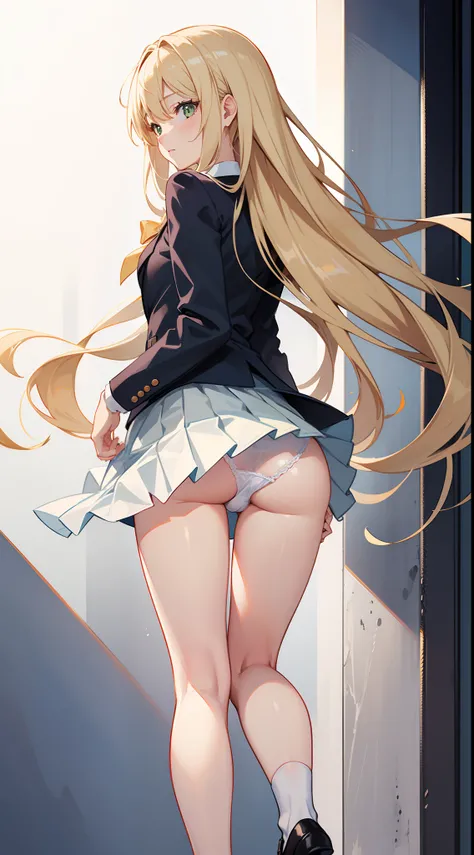 1girl, walking ,full body, looking back, from back ,knee focus, from below, cute , blonde hair, wavy hair, shiny hair , pale green eyes, blush, small breasts , school uniform , blazer ,( panty shot:1.1), (floating skirt:1.1), (white panties) ,strong light ...