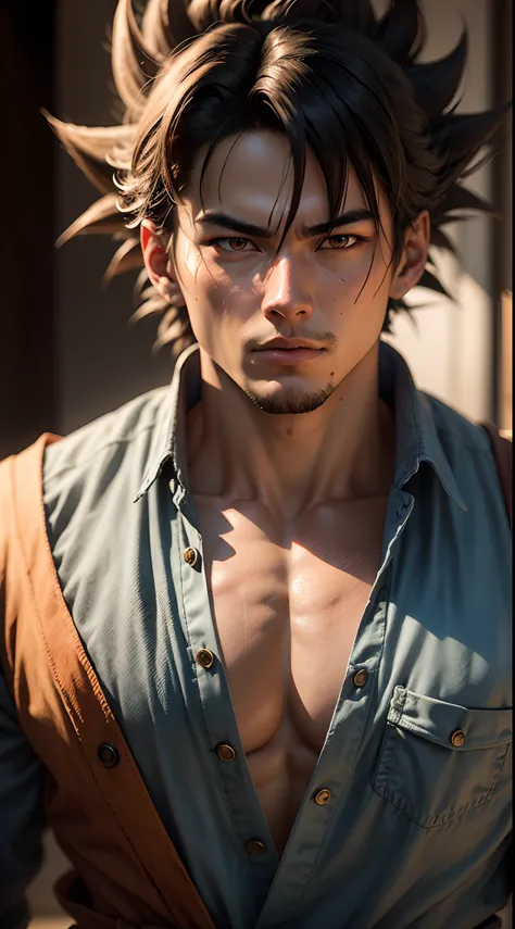 un Goku, seulement, Mode Dieu, very realistic, detailled eyes, Detailed parts of the body, hyper-realistic, Photo brute, Masterpiece:1.2, photo-realistic:1.37, Realistic look