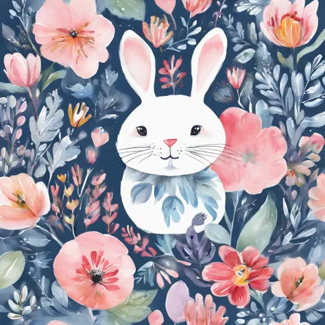 aquarelle, Small flowers, Blue and pink，Cute cartoon white rabbit， Beautiful, 1:1, the watercolor style, Flower and leaf motifs, Wet process and wet process, mute, Indigo, Fabric design, Flat illustration, highly detailed cleaning, Vector image, Masterpiec...