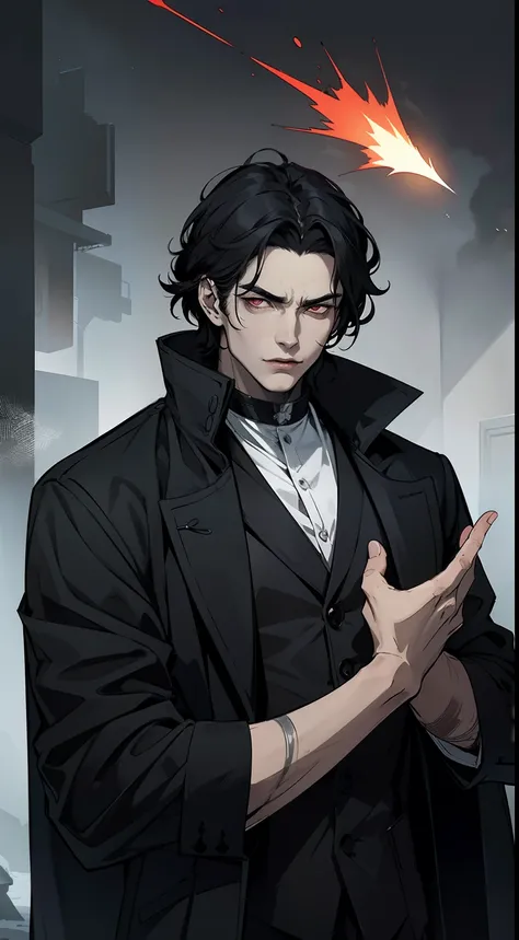 Vampires wear long black coats，The coat fits snugly to its slender figure，It shows a mysterious and solemn atmosphere。The collar of his coat stands high，Cover his neck，It gives a dark feeling。The fabric of his body reveals looming patterns，As if dissolved ...