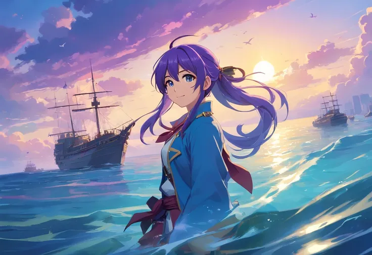 Licorne, Capitaine pirate, sourire, sur un navire, femelle, couleur violette, long back mane three shades of blue that ends in a ponytail, Tenue de pirate, tricorne de capitaine pirate, Floating sword.