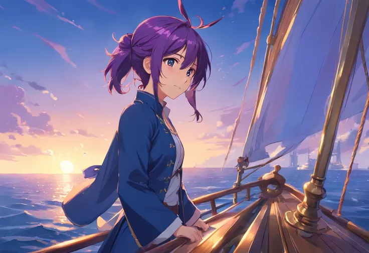 Licorne, Capitaine pirate, sourire, sur un navire, femelle, couleur violette, long back mane three shades of blue that ends in a ponytail, Tenue de pirate, tricorne de capitaine pirate, Floating sword.