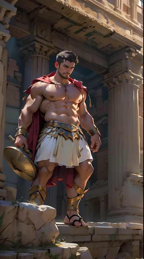 Herculean Gladiator, bare chest, lower body revealed from thighs to feet, longues boucles en cascade, Meticulous muscle definition, Photorealistic representation, 4K quality. background: Colosseum in ancient Rome,32k UHD, Best quality, Masterpiece, super d...