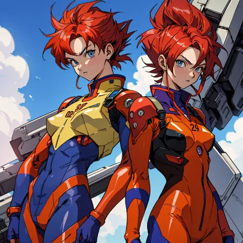 dragon ball style, evangelion style, 1girl with small breasts in front of large mecha, blue eyes, medium red hair, wearing bodysuit, feminine,