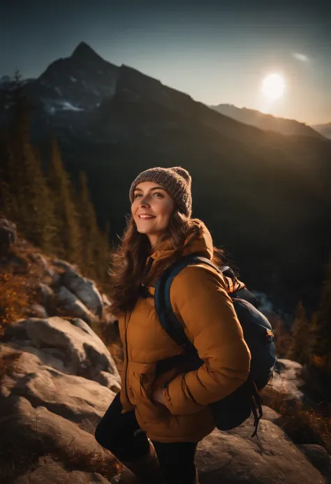 1 woman((Upper body selfie, cheerfulness)), Masterpiece, Best quality, Ultra-detailed, Solo, Outdoors, (Night), Mountains, Nature, (stars, Moon) cheerful big breasts, cheerfulness, Backpack, sleeping bag, Camping stove, Water bottle, Mountain boots, mitts,...