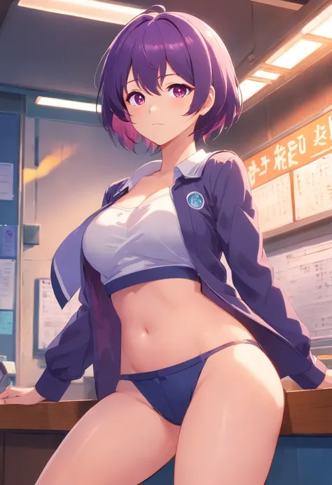 Big tits, very big ass, short purple hair, hot school uniform