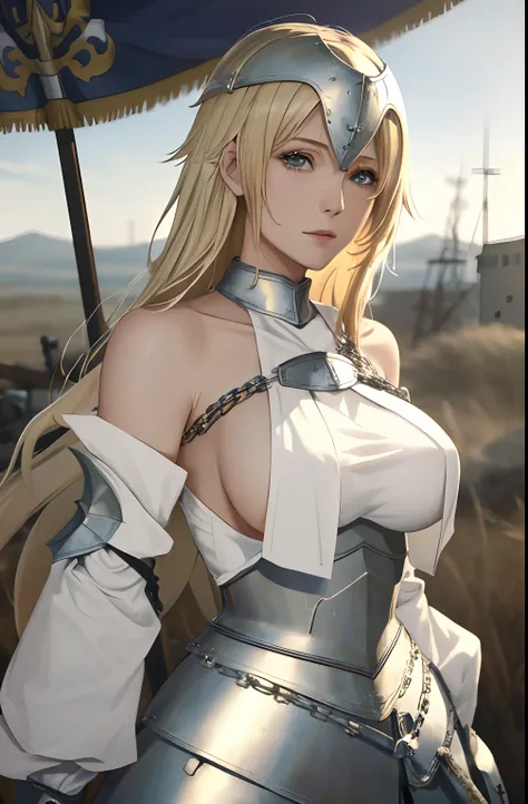 best quality, masterpiece,highly detailed,anime,1girl, adult face, mature face, mature female, mature woman, mature beauty, adult blonde, mature blonde,upper body,(jeanne darc),big breasts,perfect face,blond hair,long hair,(white clothes),(bare shoulder),a...