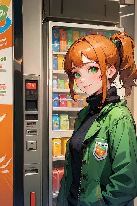 (best quality, ultra-detailed, realistic:1.37), a girl full of vitality, 20 years old, orange hair, sparkling green eyes, side ponytail, radiant smile, black turtleneck shirt, green jacket, standing in front of a vending machine.