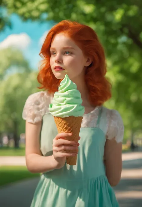 young redheaded girl with strikingly green eyes eating a soft-serve ice cream in a park under a clear cerulean sky