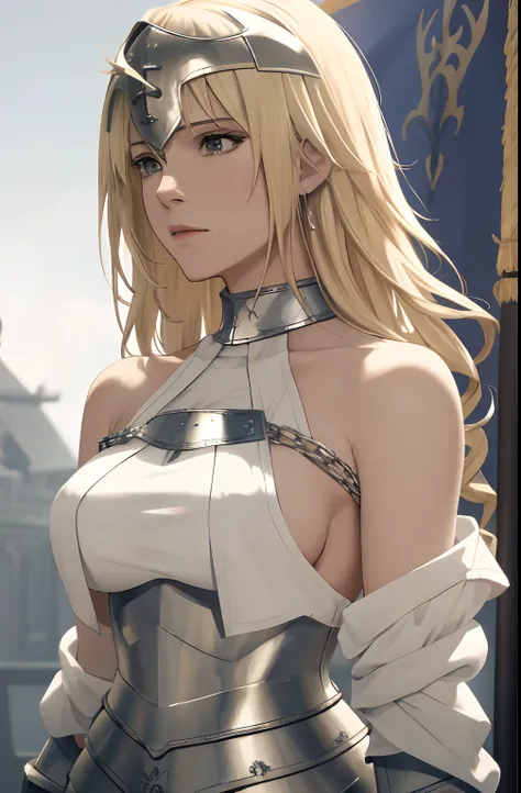 best quality, masterpiece,highly detailed,anime,1girl, adult face, mature face, mature female, mature woman, mature beauty, adult blonde, mature blonde,upper body,(jeanne darc),big breasts,perfect face,blond hair,long hair,(white clothes),(bare shoulder),a...