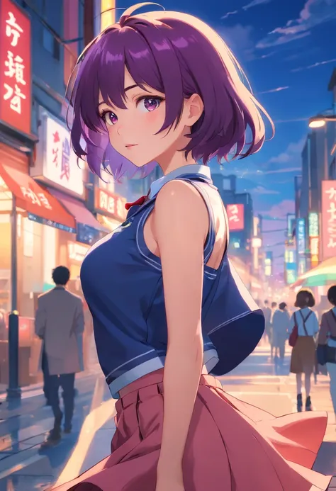 (best quality,4k,8k,highres,masterpiece:1.2),ultra-detailed,(realistic,photorealistic,photo-realistic:1.37),Schoolgirl with Huge Breasts, Very Big Butt, Short Purple Hair, Sexy School Uniform, Pleated Skirt [Hot Schoolgirl Uniform], [Curves emphasized], [C...