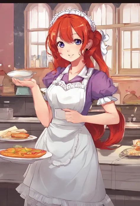 Masterpiece,(Best quality, illustration,Detailed face:1.3),(1girll,Solo:1.3),Beautiful detailed eyes,  aprons, Gradient_Background, Gradient, maid, Purple eyes,Red hair,Small breasts,, Break, teens girl, White_aprons, black_dress, pony tails, black_Footwea...