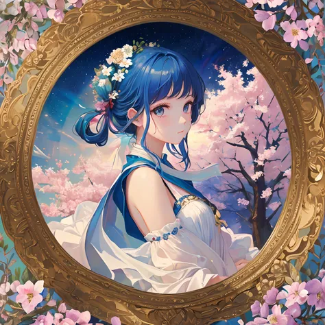 Beauty 1 person、(​masterpiece、top-quality、top-quality、Beautifully Aesthetic:1.2)、(1girl in:1.3)、(Fractal Art:1.3)、picture frame、rainbow-colored hair、Detail Frame、round frame、Delicate dresses、Picture frame in the style of a painting、a lot of fruit、cute litt...