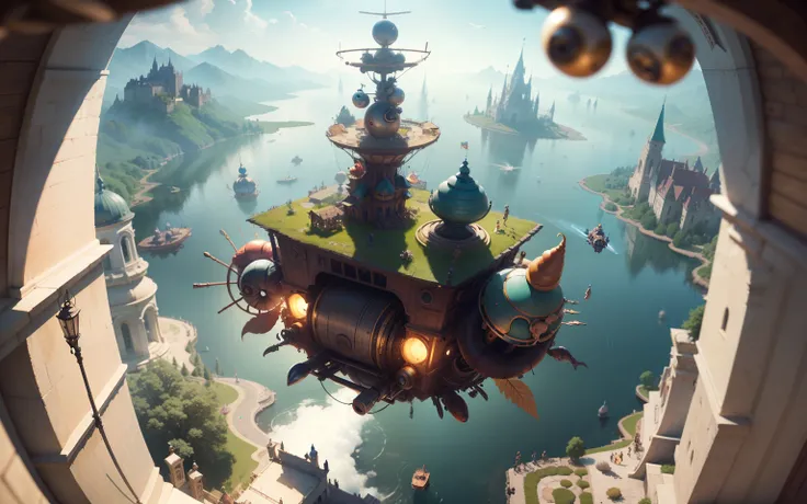 Fantasy world of Jheronimus Bosch with flying friendly huge mechanical snails. Flying over the lake. All the characters are wonderful and funny Cartoon Disney Pixar. Super realistic. Cinematic. Motion blurred background. Light haze --auto --s2