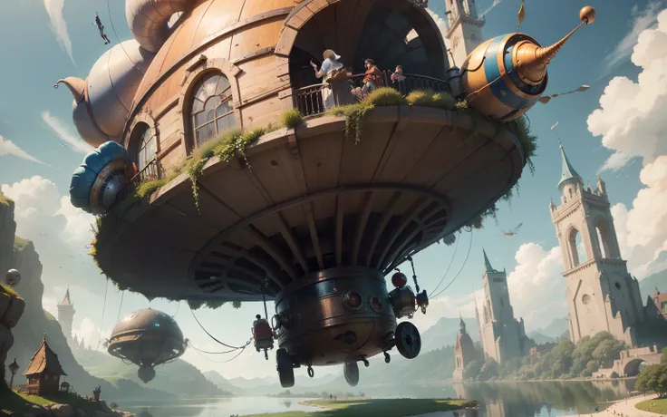 Fantasy world of Jheronimus Bosch with flying friendly huge mechanical snails. Flying over the lake. All the characters are wonderful and funny Cartoon Disney Pixar. Super realistic. Cinematic. Motion blurred background. Light haze --auto --s2