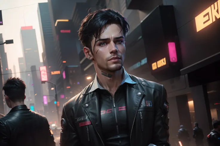 change background cyberpunk handsome boy, realistic face, 8k, ultra realistic