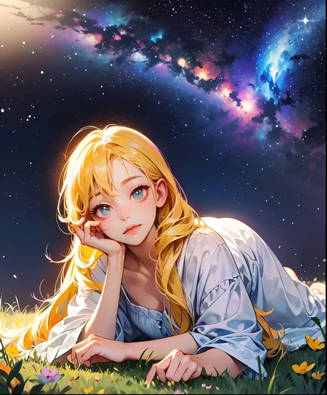 Describe a scene where a cute girl character is lying on a grassy hill, Looking up at the starry sky. Surround her with colorful nebulae and her favorite constellations.