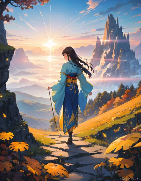 ancient fantasy world, a sunset above mountain range in the background masterpiece, tall cliff, rule of third, human walking back with wand gun (human walking back :1.2), beautiful art uhd 4k, 4k hd wallpaper very detailed, extraordinary colorful landscape...