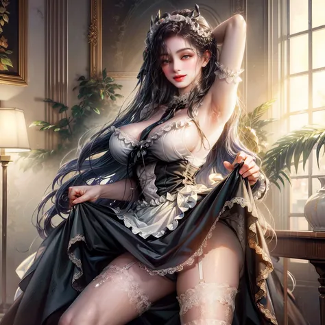 Painted smoky makeup, eye shadow, maid girl, Silky hair, Wearing hair accessories or earrings, Sweet smile. She wore a maid skirt, White stockings on her legs, and lace gloves. She squatted down and spread her legs. Scenes are random、(Original Character、Un...